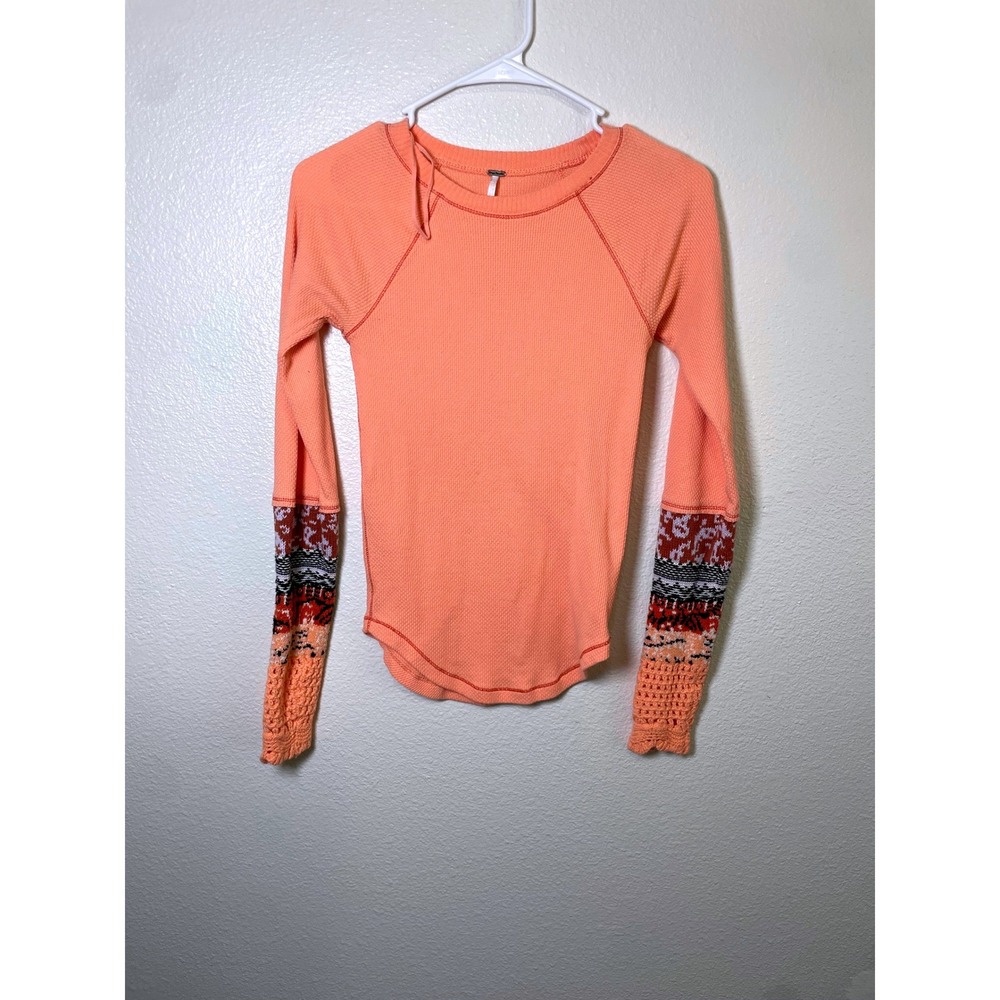 Free People Women XS Thermal Top Mix Desert Waffle Knit‎ Crochet Raglan Orange